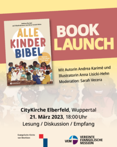 Plakat: Der Book-Launch der „Alle Kinder Bibel“ ist am 21. März um 18 Uhr in der evangelischen CityKirche in Wuppertal-Elberfeld, Kirchplatz 2, mit Lesung, Diskussion und anschließendem Empfang.